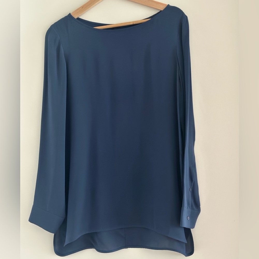 Theory Teal Blue Long Sleeve Silk Blend Blouse